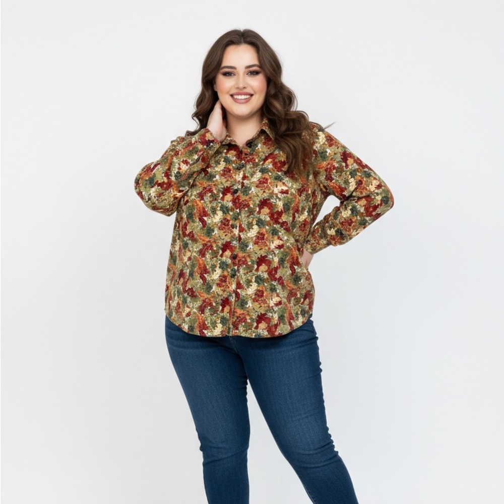Women’s Green Red Leaf Print Button Down Corduroy Top XL Cottagecore Autumn Soft